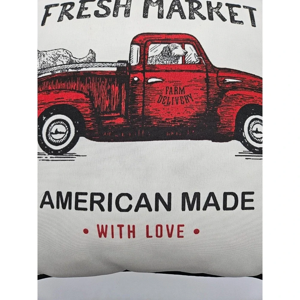 The Fresh Market Vintage‎ Red Truck Dog Farmhouse Throw Pillow 12x12 Reversible